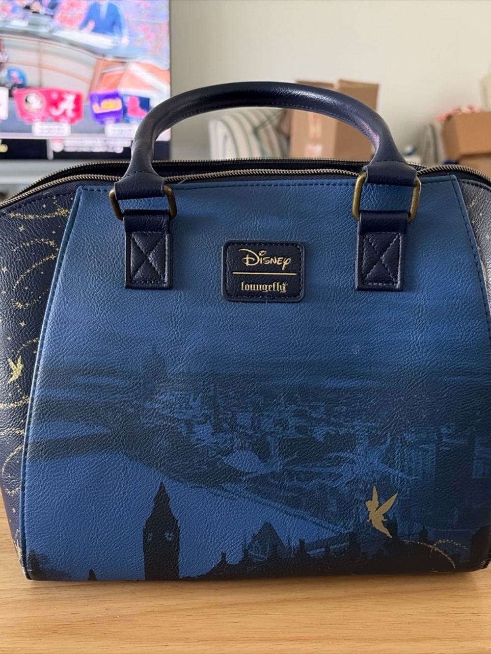 Loungefly Navy and Gold Peter Pan Satchel with Scene Print
